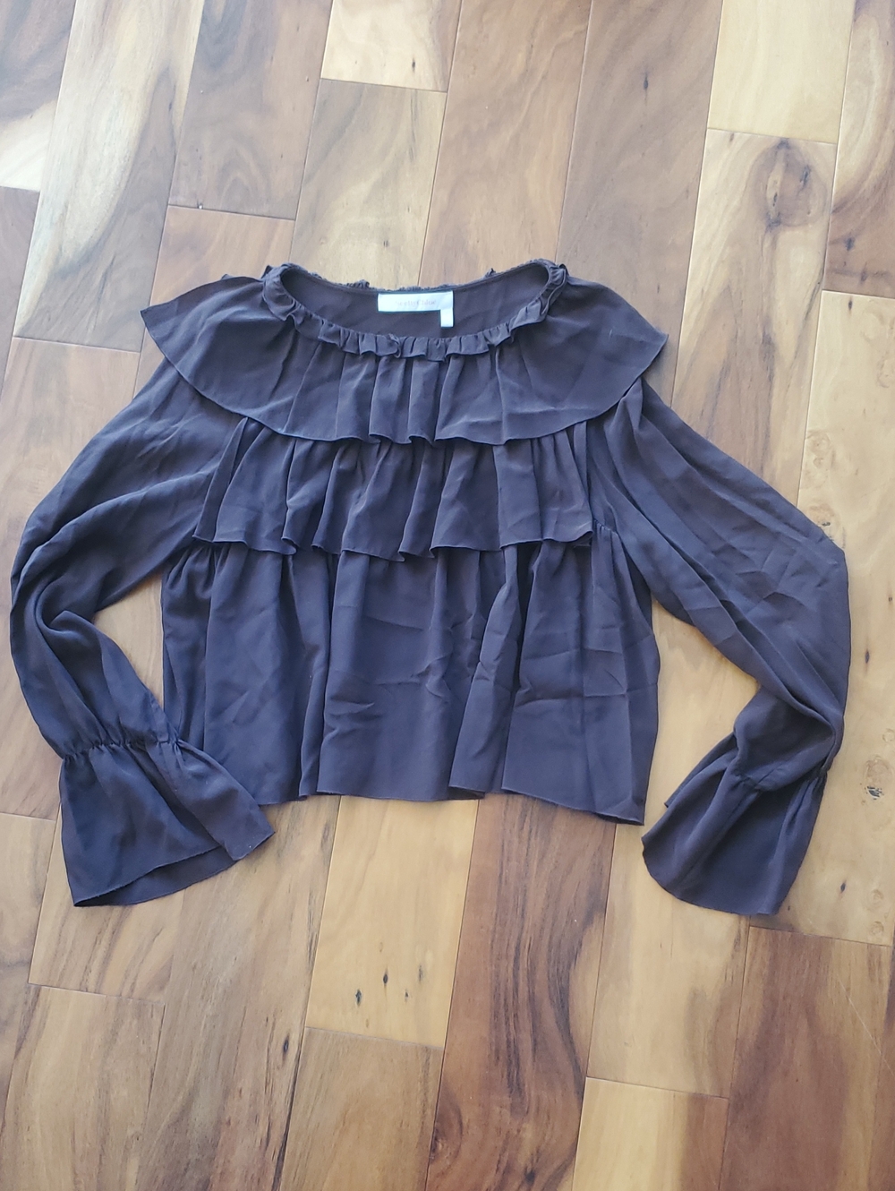 See By Chloe Brown Ruffled Crop Top Long-Sleeve Blouse